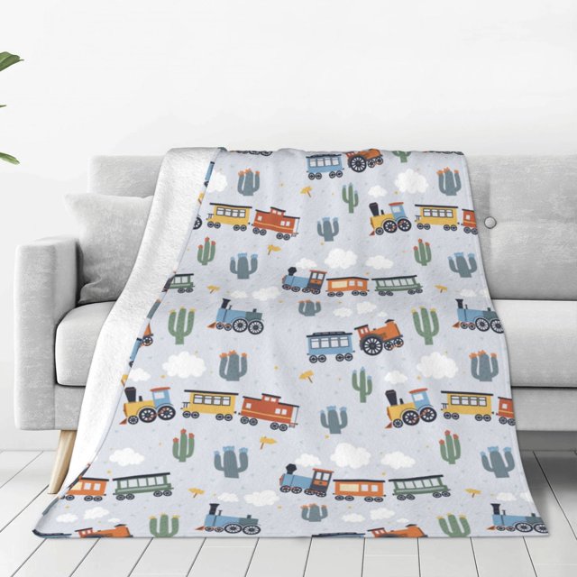 Fotbe Trains And Cactuse Manta de Franela Acolchonada con Estampado, Súper Suave y Esponjosa, Extra Grande para Sofá, Cama, Uso Todo el Año-80"x60"