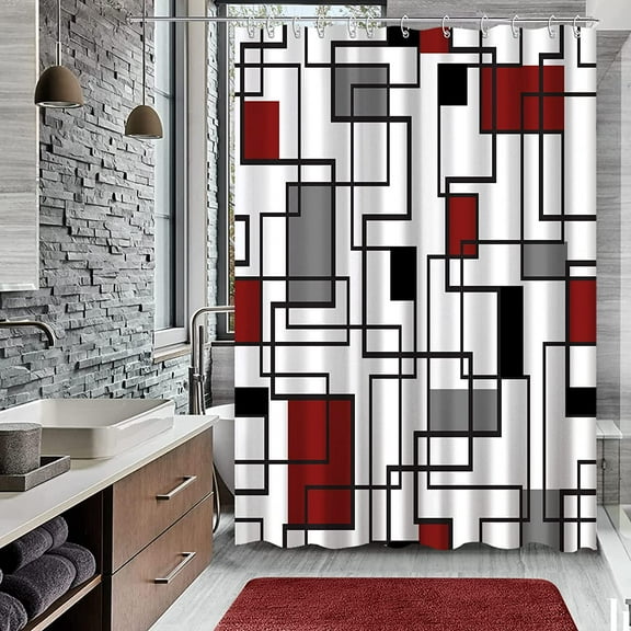 Red and Black Shower Curtain Grey and White Shower Curtains for Bathroom Mid Century Modern Abstract Geometric Shower Curtains Fabric with Hooks, 72" x 72"