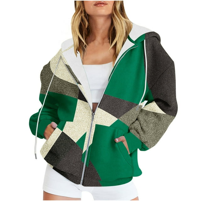 ICHUANYI Clearance Women's Casual Printed Zippered Long Sleeved Hooded Sweater Jacket Top(Green, XL) ICHUANYI WER2023081512149