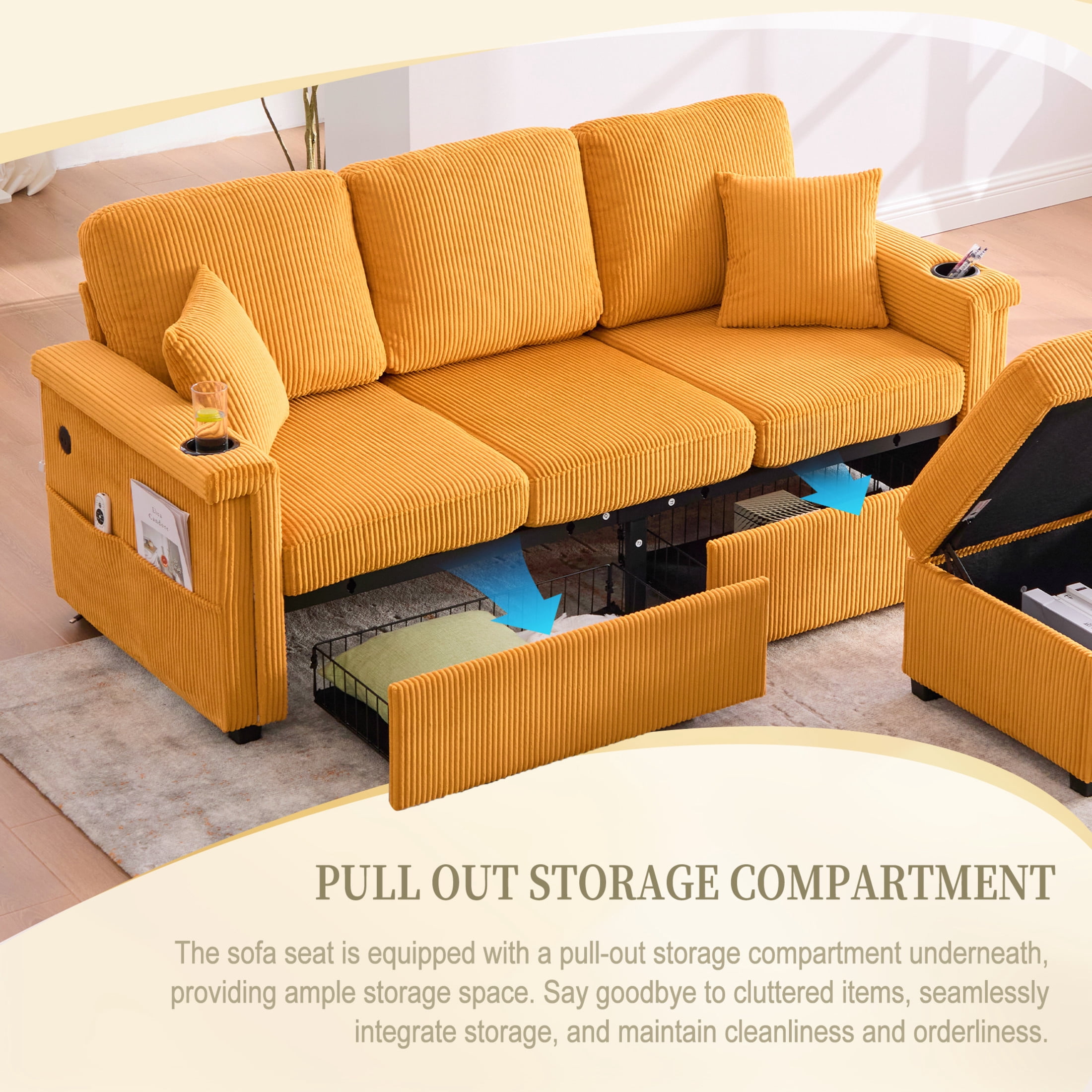 Noble House Elena 4-Seater L-Shaped Corduroy Sectional Sofa with Pull-Out Storage, Ottoman for Living Room, Mustard Yellow