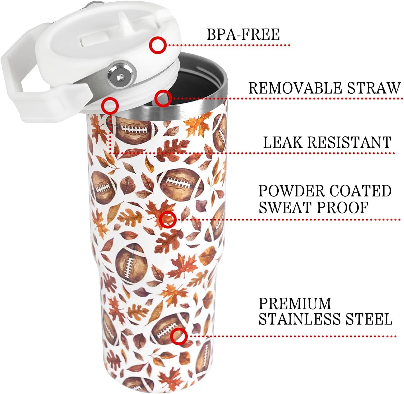 Fall Tumbler with Lid and Straw 30oz,Football Maple Leaves Vacuum Autumn Insulated Leak Proof Tumbler,Farmhouse Gift Cute Women Kids Teen Girls,Fall Accessories Stainless Steel Coffee Cup