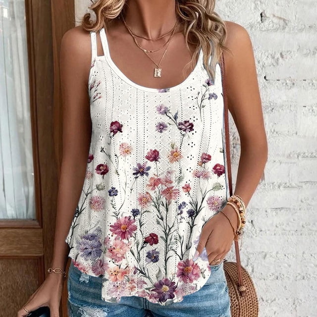 Puntoco Camisetas de cuello cuadrado para mujer, sueltas, informales, a la moda, con estampado de cuello redondo, camiseta sin mangas de verano