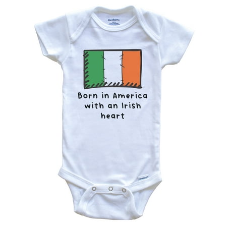 

Born In America With An Irish Heart Cute Ireland Flag Baby Bodysuit 3-6 Months White