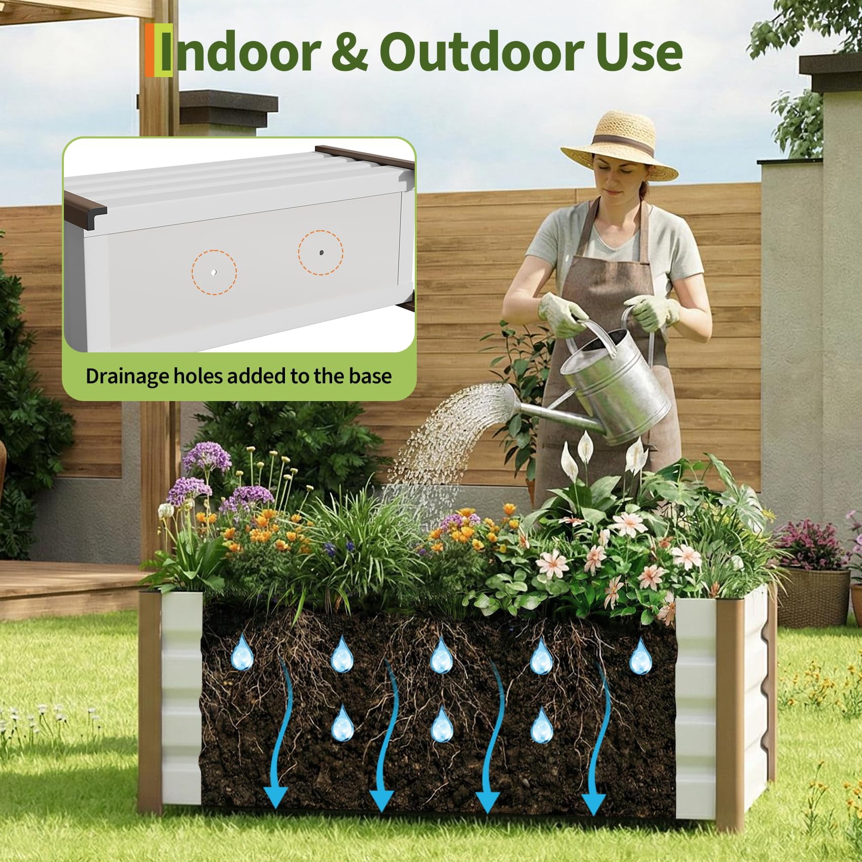 Garvee Aluminum Planter Box, Raised Garden Bed with Drainage Holes, 39.3" x 15.7" x 17.7", White