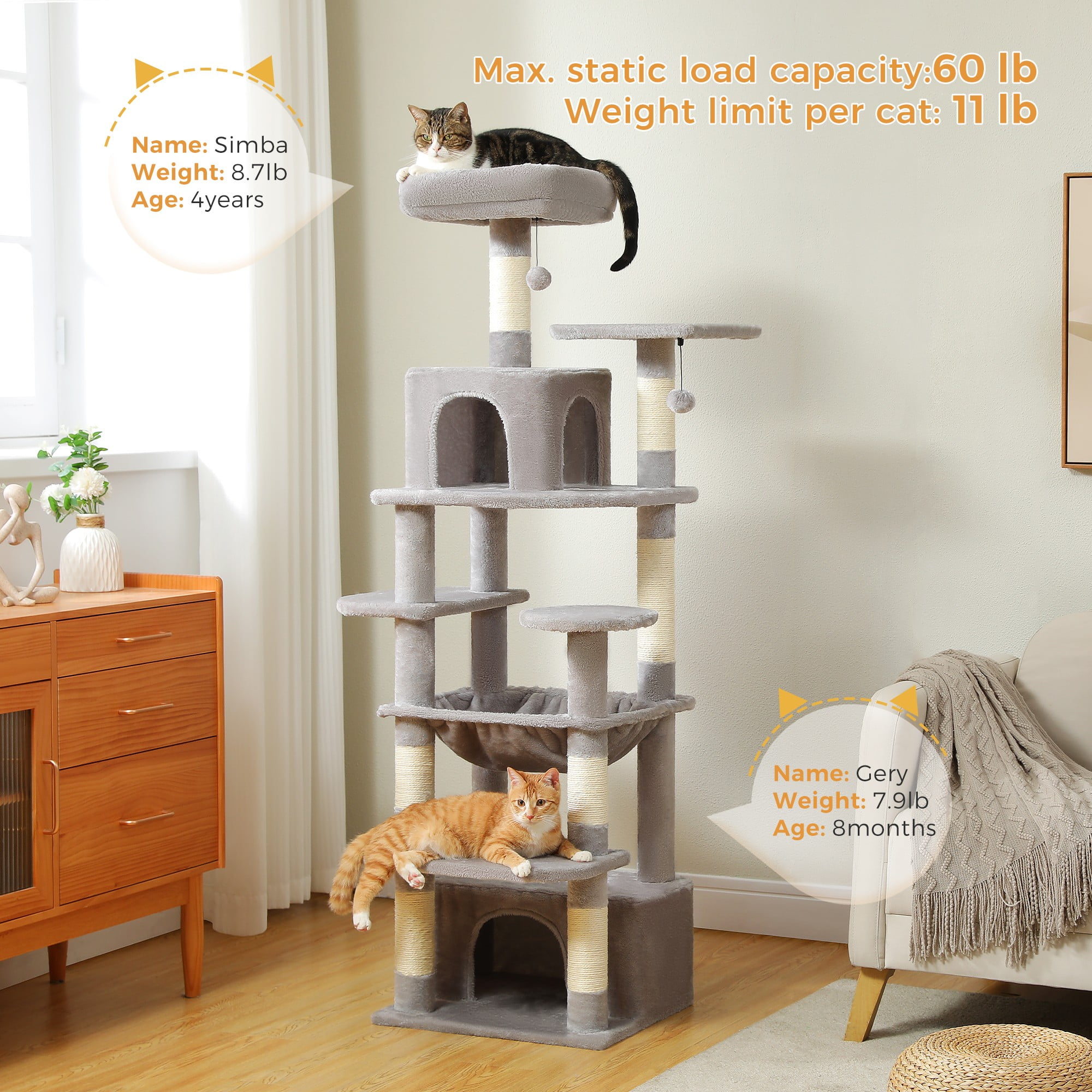 Kadyn 64" Modern Cat Tree Tower for Indoor Cats, Cat Condo with Sisal Scratching Post, Hammock and Top Perch, Gray