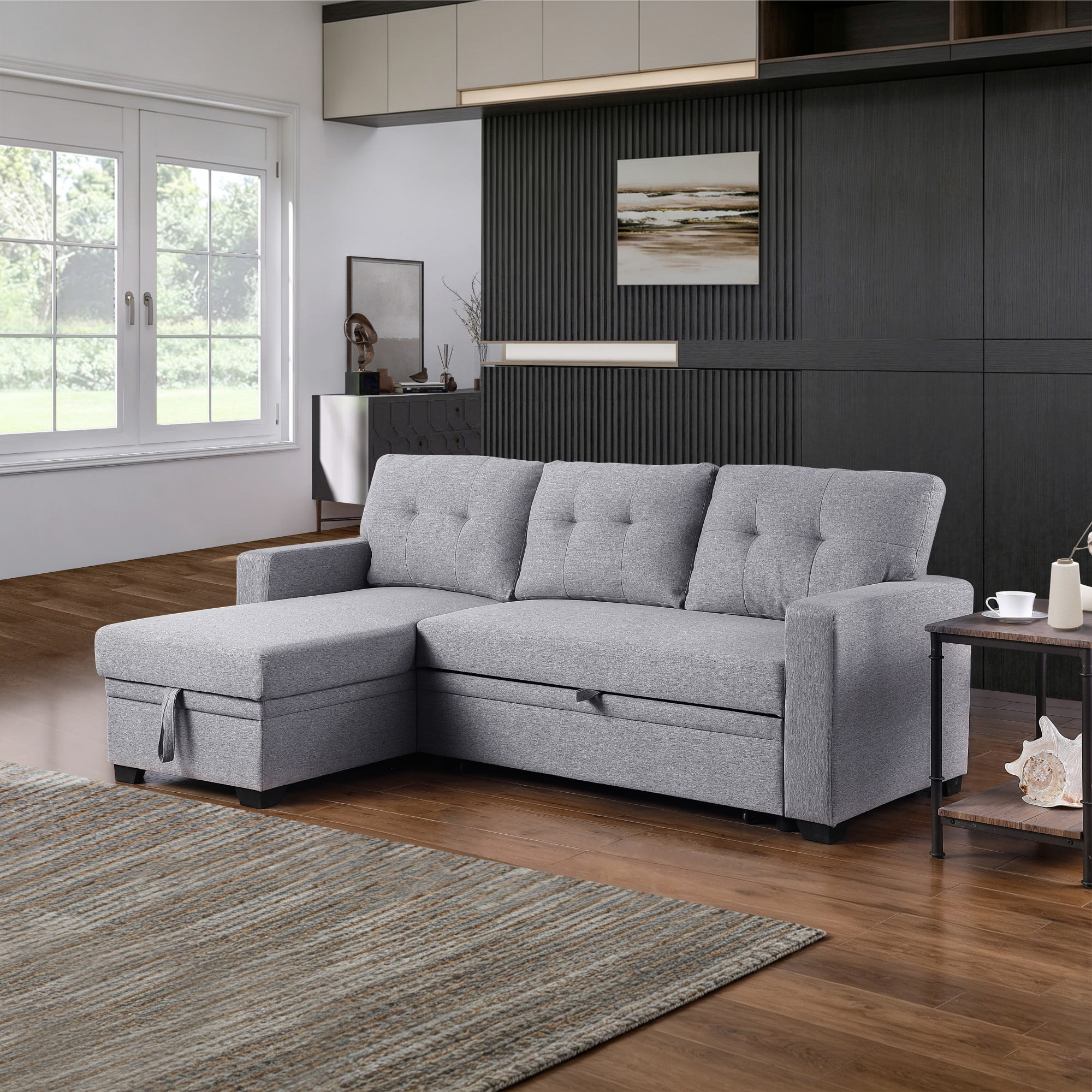 BSHTI 82" 3-Seat Linen Pull Out Sectional Sleeper Sofa with Storage Chaise, Removable Back Cushions for Living Room（Light Gray）