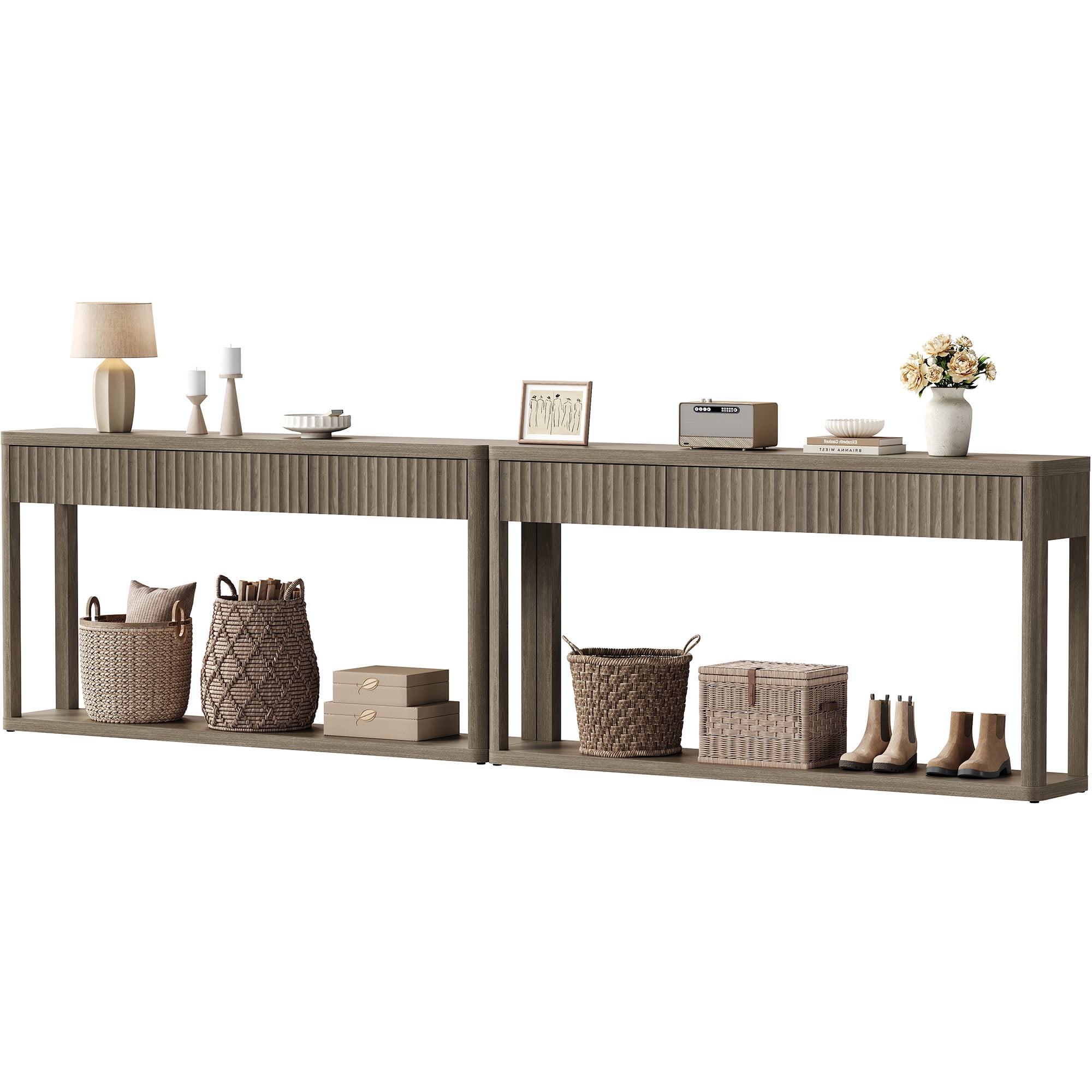 SICOTAS 61 inch Long Console Table Set of 2 with 3 Large Drawers, Modern Fluted Sofa Table Behind Couch with Open Storage Shelf, Entryway Table for Living Room, Hallway, Foyer, Grey Alder