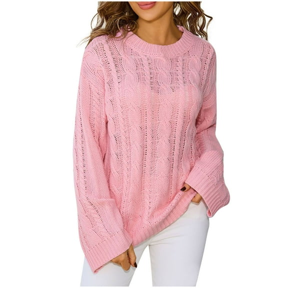 Lenpel Women's Crochet Sweaters Casual Bell Long Sleeve Crew Neck Hollow out Cable Knit Tops Loose Pullover Sweaters(Pink,X-Large)