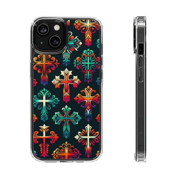 DistinctInk Hybrid (Acrylic / TPU) Clear Slim Fit Case for Apple iPhone 15 (6.1" Screen) - "Vibrant Christian Crosses: Bold Contrast Patterns"