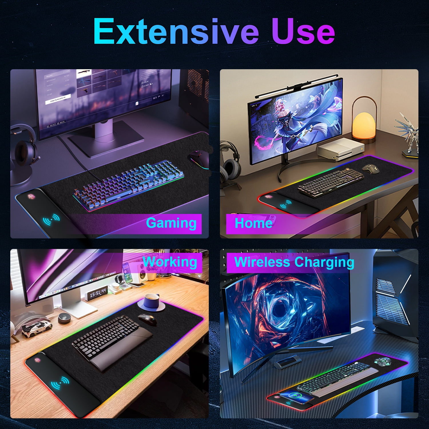 SANPTENT RGB 15W Large Keyboard Pad Wireless Charger Gaming Mouse  Pad, Desk Mat with 10 Light Modes, Keyboard Pad with Non-Slip Rubber Base, Waterproof Desk Pad for Home Office Decor