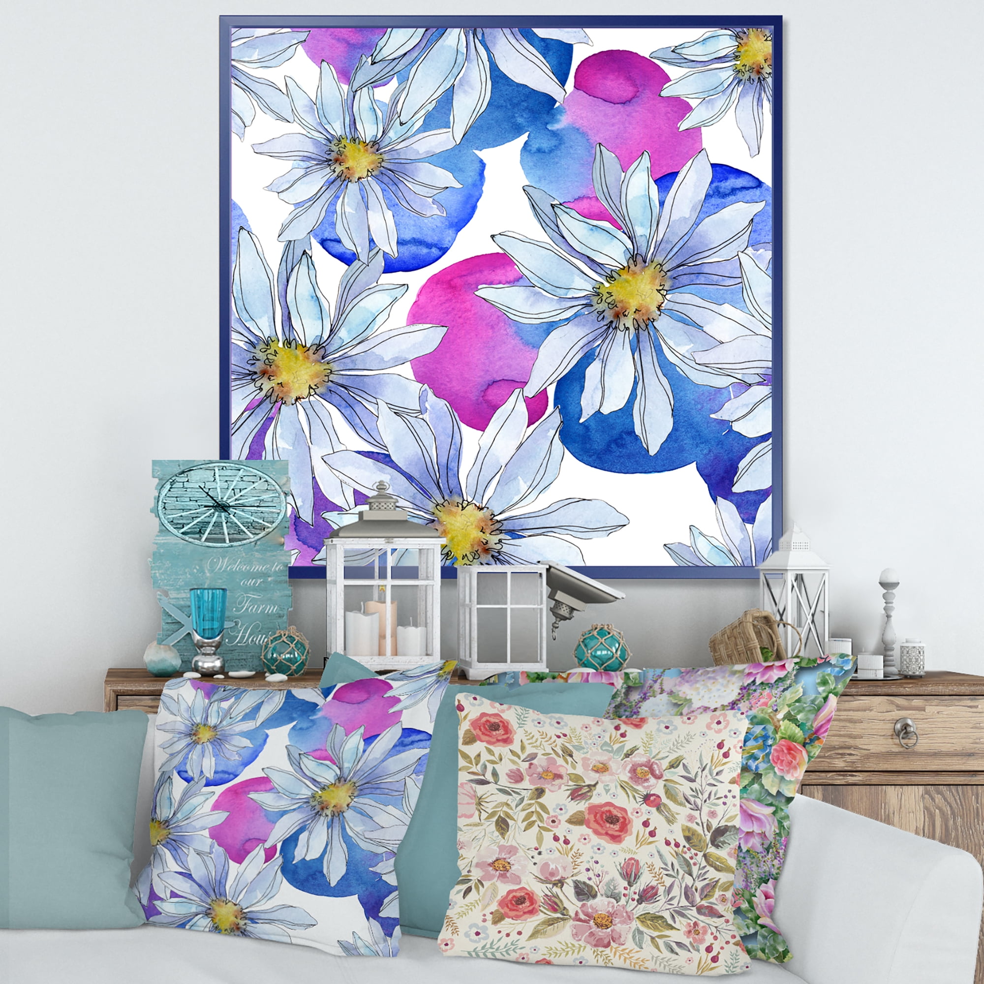 Designart 'Daisies On Red and Blue Backgorund' Traditional Framed Canvas Wall Art Print