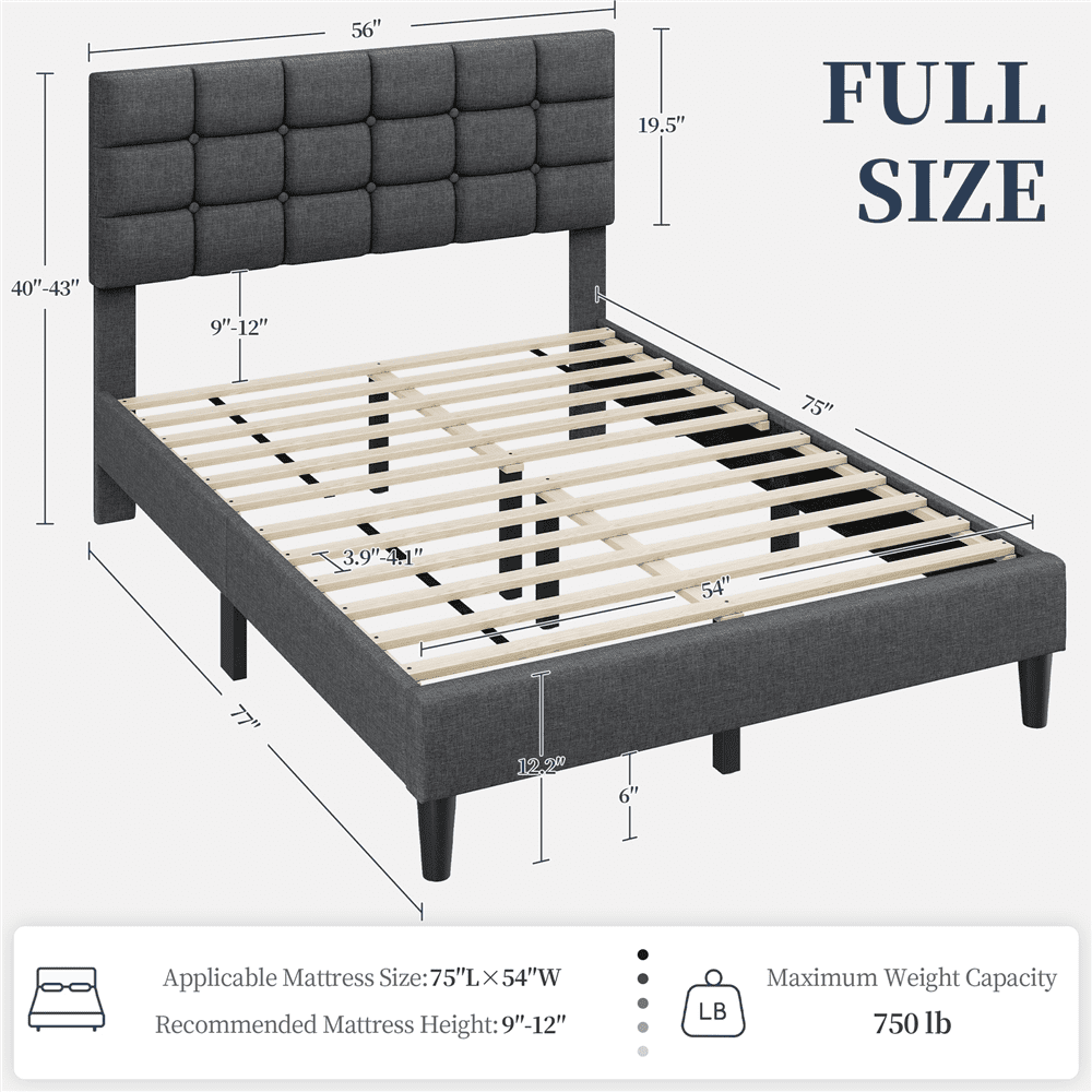 Renwick  Full Size Upholstered Platform Bed with Square Tufted Headboard, Dark Gray
