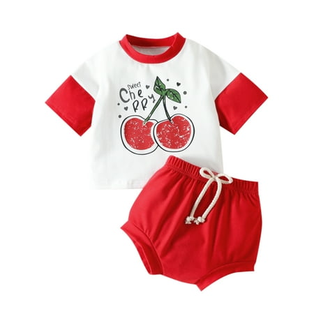 

Voguele Newborn Summer Outfits Crew Neck Tops + Shorts Cherry Print 2Pcs Outfit Suit Photograph Baggy Red 70cm
