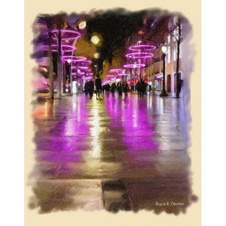 computer generated image of pedestrians on a walkway with pink neon