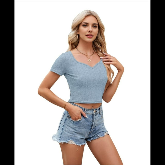 Camiseta de Corta con Cuello en V y Ombligo Al Descubierto, Azul , Talla S