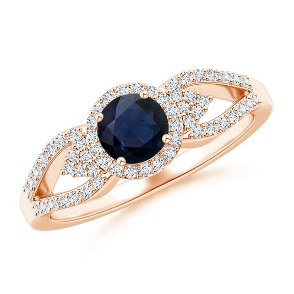 ANGARA Natural Split Shank Round Sapphire Halo Ring with Cluster Diamonds in 14K Rose Gold for Women (Size-5mm) | September Birthstone, Anniversary, Jewelry Gift for Women | Natural Sapphire Ring