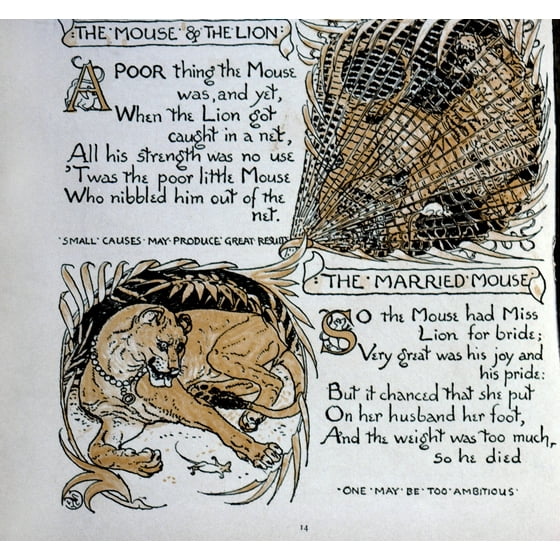 Crane Mouse And The Lion Nillustrations By Walter Crane For The Fables The Mouse And The Lion And The Married Mouse From Babys Own Aesop 1887 Rolled - 