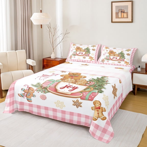 Manfei Gingerbread Twin Sheet Sets 3pcs for Kids, Green Christmas Tree Twin Fitted Sheet, Girls Pink Plaid Flat Sheet, Super Cozy Room Decor