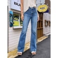 thumbnail image 4 of Women's High Waisted Flare Denim Jeans, Medium Blue Washed, with Front Patch Pockets and Wide Cuffed Hem, Bootcut Long Pants, 4 of 7