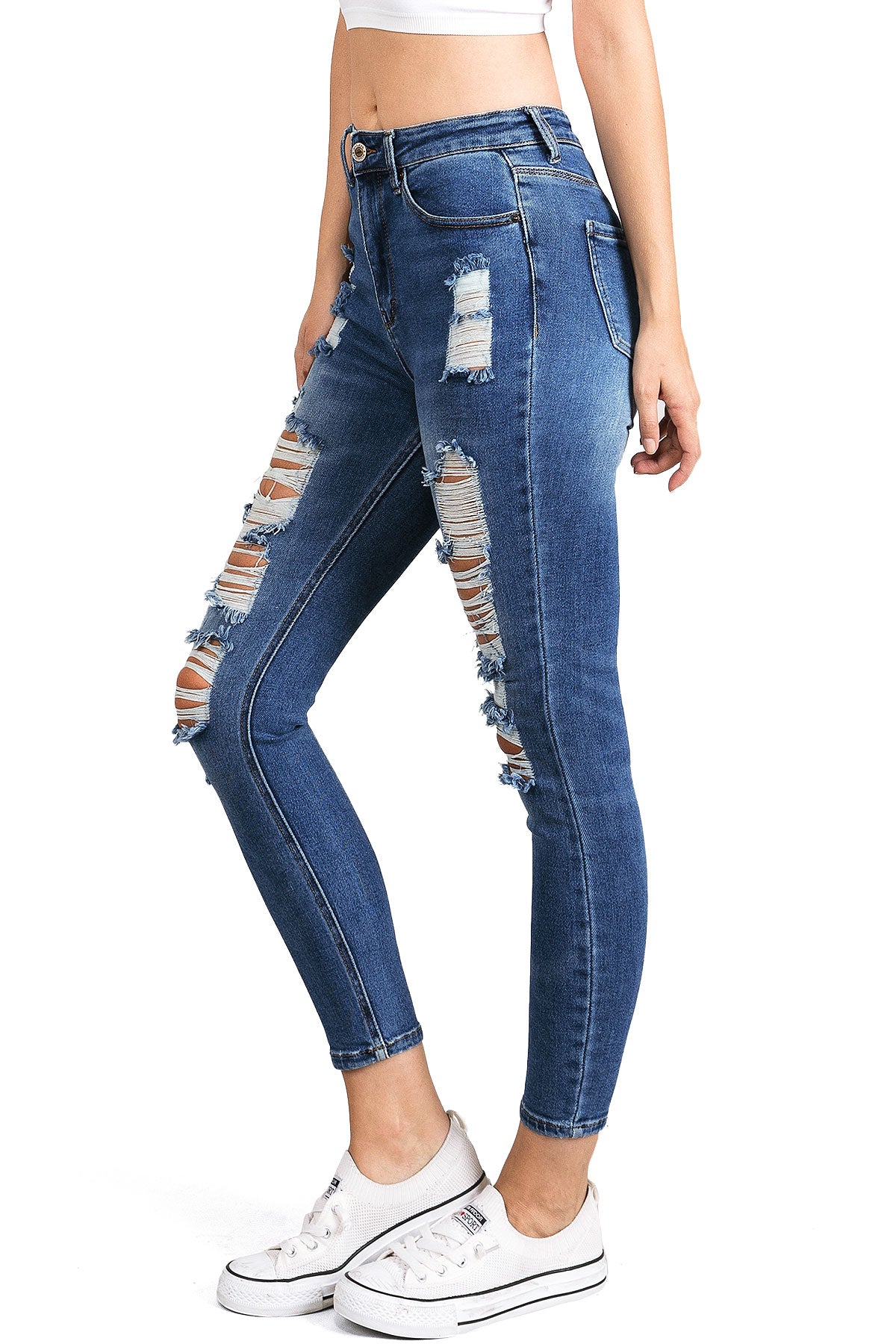 Wax Jean Women's Juniors Distressed High Rise Ankle Skinny Jeans (Dark, 7) - image 3 of 5