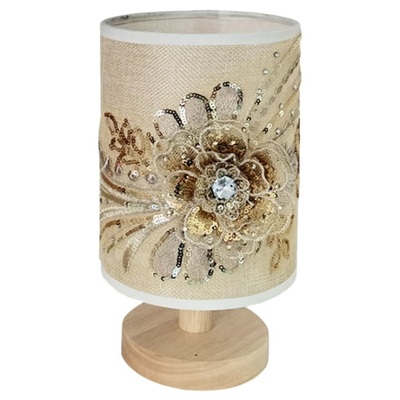 Niceauty Golden Bedside Table Lamp with Floral Textile Shade USB Powered Light