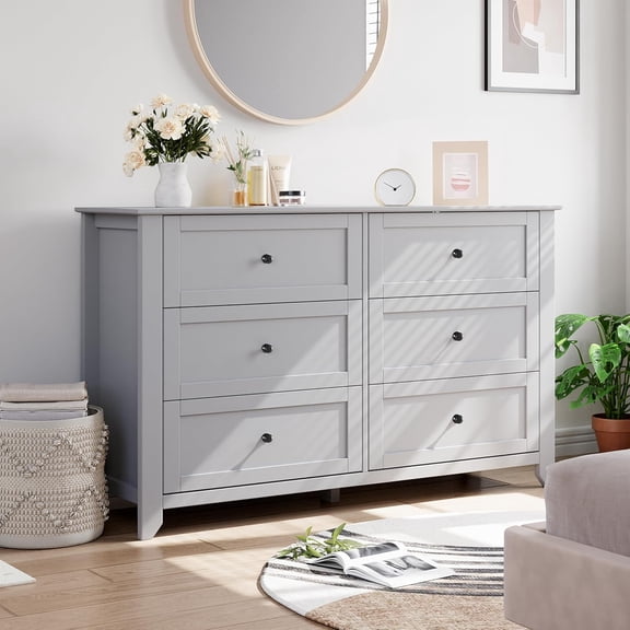 Farmhouse 6 Drawers Double Dresser for Bedroom, Modern White Dresser Chest of Drawers, Wide Dressers Organizer, Accent Storage Cabinet for Closet, Living Room, Hallway