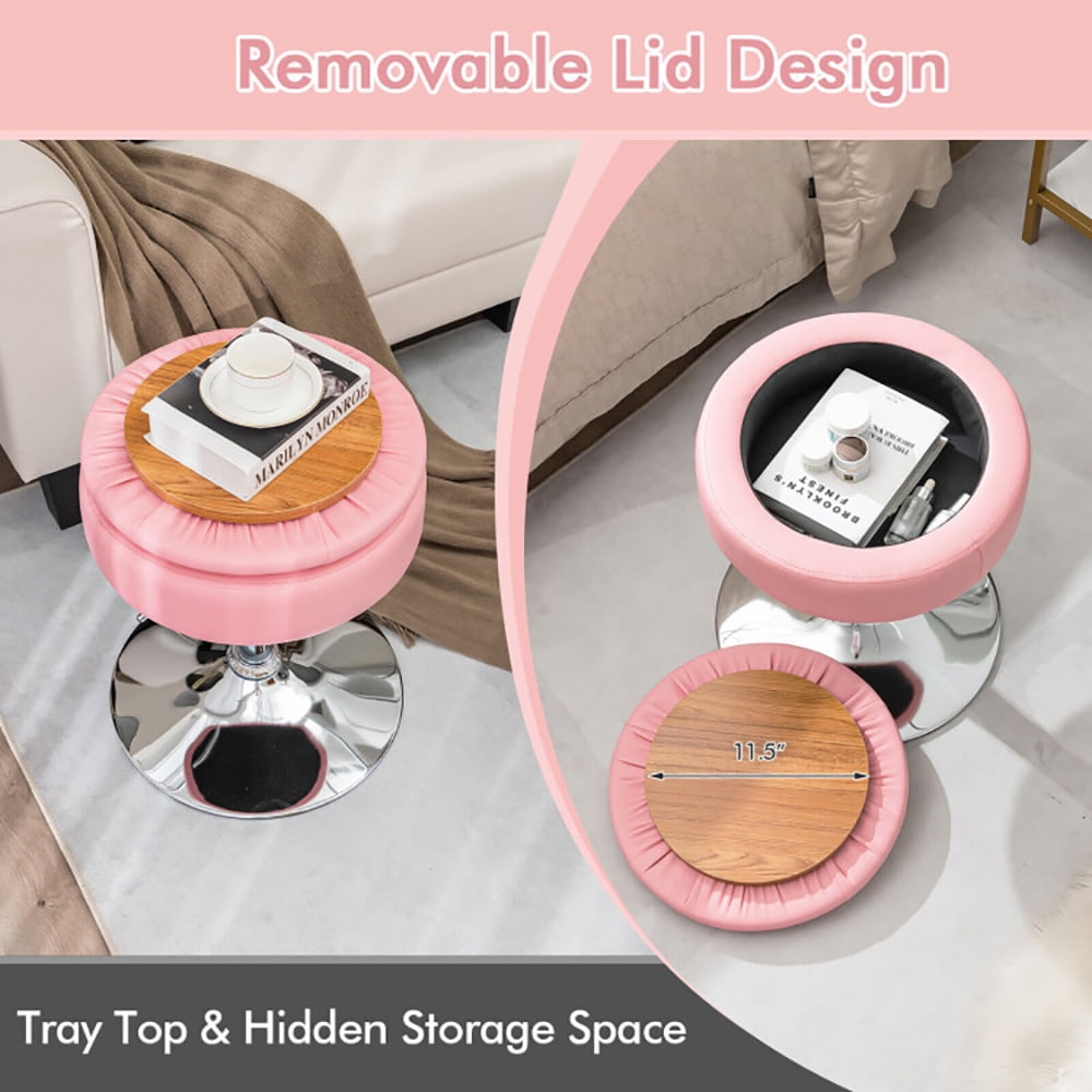 Finihen Vanity Stool with Storage, Makeup Room Seat Chair, Adjustable 360° Swivel Storage Vanity Stool with Removable Tray, for Makeup Room, Living Room, Bedroom, Pink