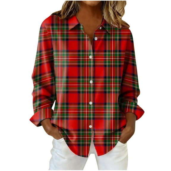 ZUKMRJPC Womens Plaid Shirts Loose Classic Long Sleeve Button Down Collared Shirts Fall Fashion Lightweigh Casual Work Blouses Tops