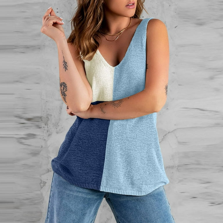 KIJBLAE Sales V Neck Shirts for Teen Girls Tee Tops Cozy Clothing Patchwork  Bright Surface Tube Tee Sexy Slim Camisole Casual Womens Summer Sleeveless  Vest Tank Tops for Women Blue M 