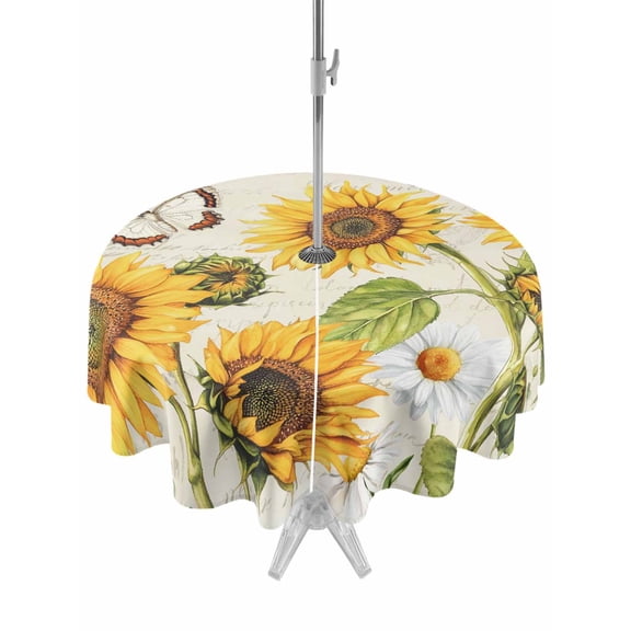 Outdoor Tablecloths with Umbrella Hole & Zipper, Farm Sunflowers Round Tablecloth 54 Inch, Retro Flowers Butterfly Botanical Beige Waterproof Table Cloth, Patio/Pool/Picnic Table Covers