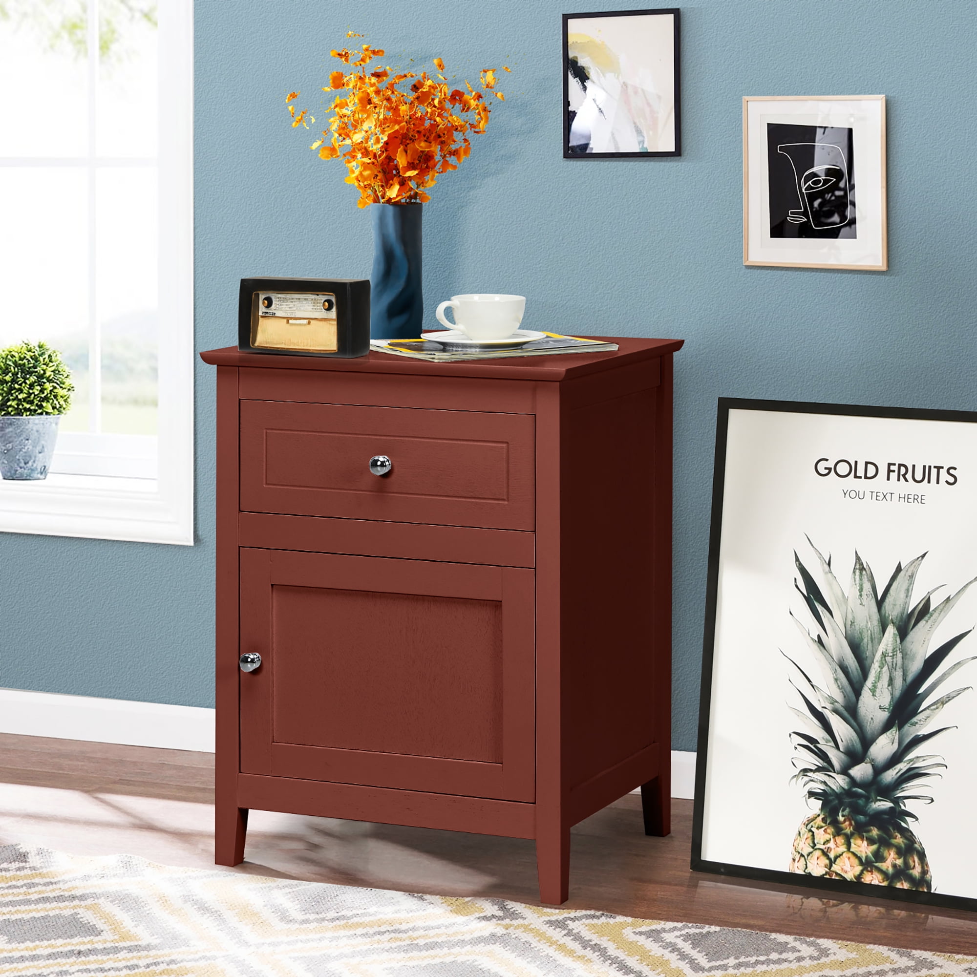 Costway Nightstand with Drawer Accent Side End Table Storage Cabinet Natural