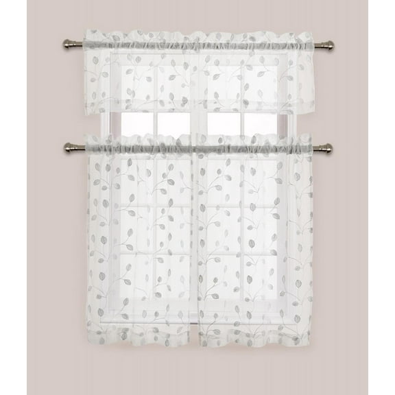 Metallic Shimmer Embroidered Floral Complete Kitchen Curtain Tier & Valance Set - White