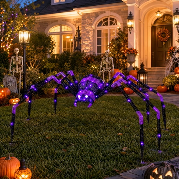 6.8 ft Giant Halloween Spider with 128 Purple LED Lights, Weatherproof Metal Yard Decoration for Lawn, Porch, Haunted House