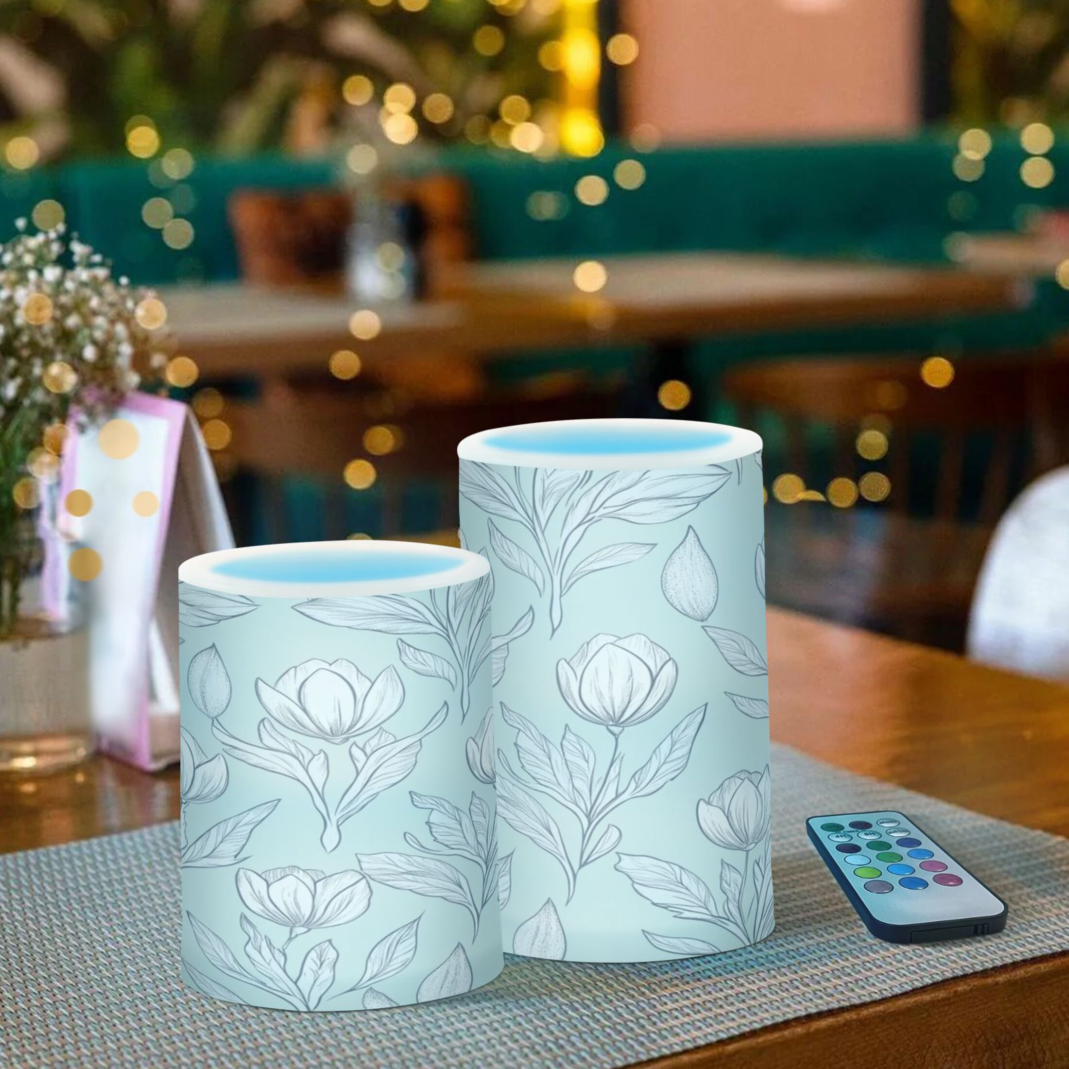 Flameless Candles Lights, Pack of two LED Lights, Dimmable LED Pillar Candles Battery Operated, Flames Remote Control Pattern with Hand-drawn Tulips