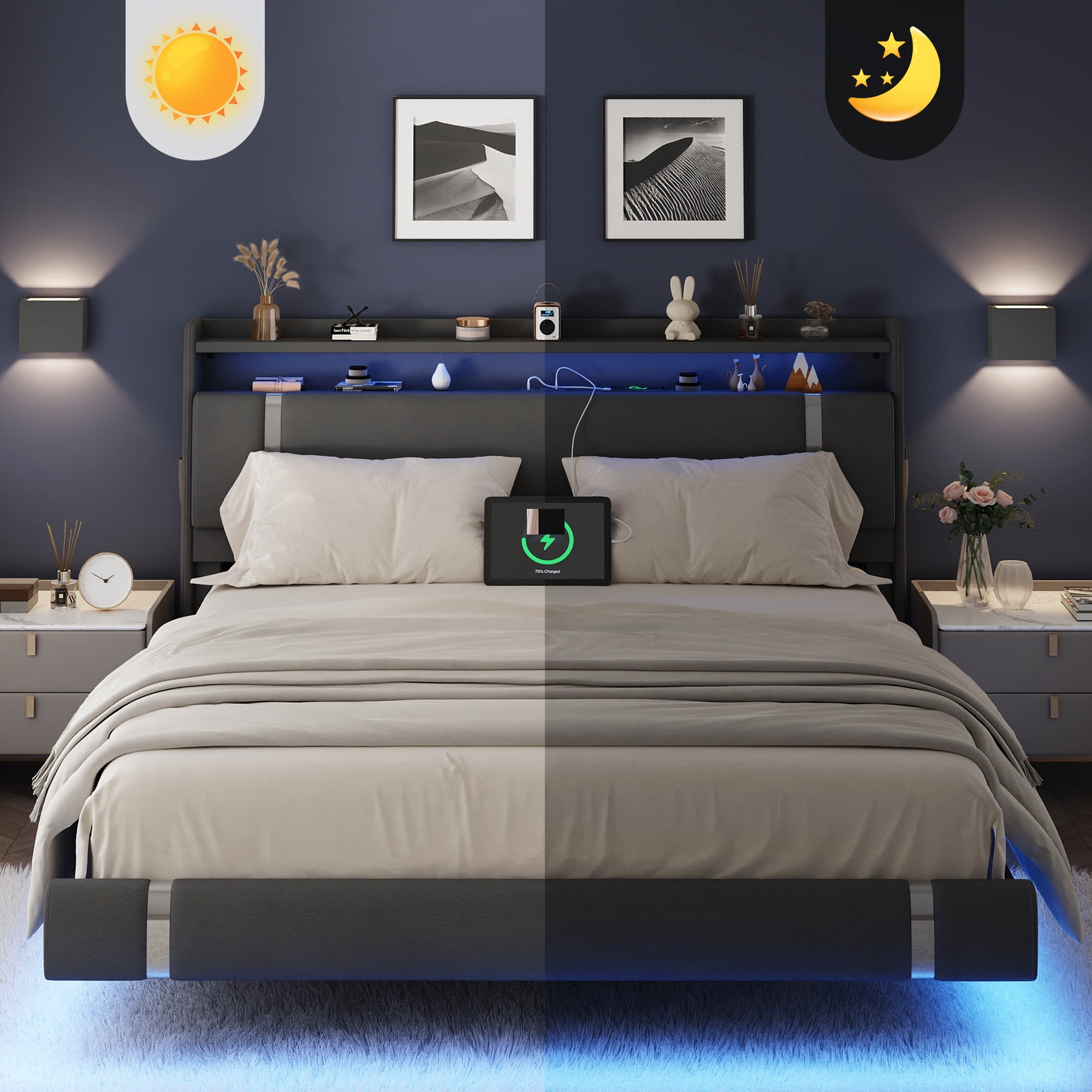 NEGYLIM Floating Bed Frame King Size with LED Lights, Easy to Assemble, Metal Platform Bed with Storage Headboard, No Box Spring Needed, Black
