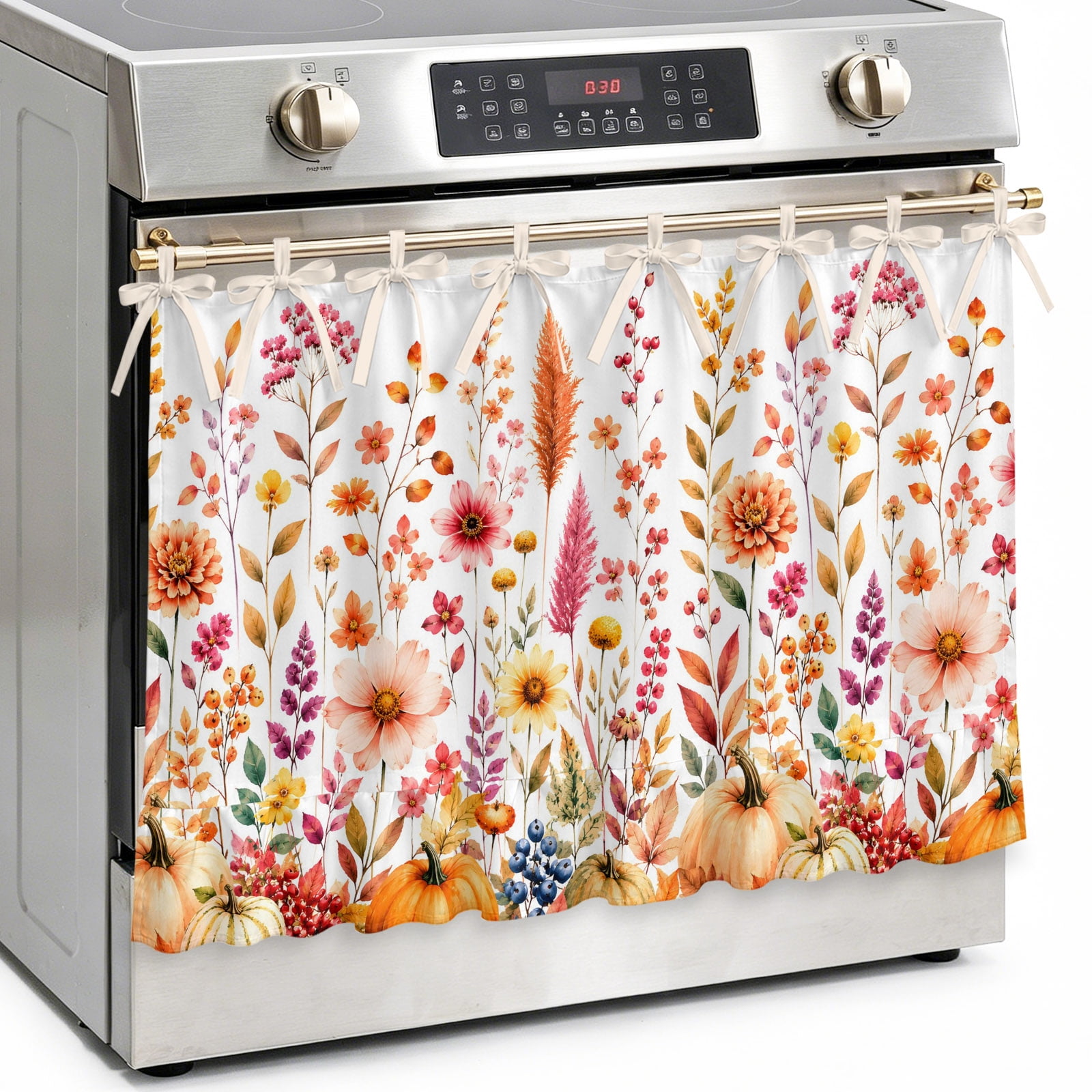 Thanksgiving Fall Oven Skirt Curtain Kitchen Stove Skirt Cover with Tie Top Autumn Orange Pumpkin Flowers Floral Decorative Cabinet Cover Dishwasher Curtain for Farmhouse Decor 32x24 Inch