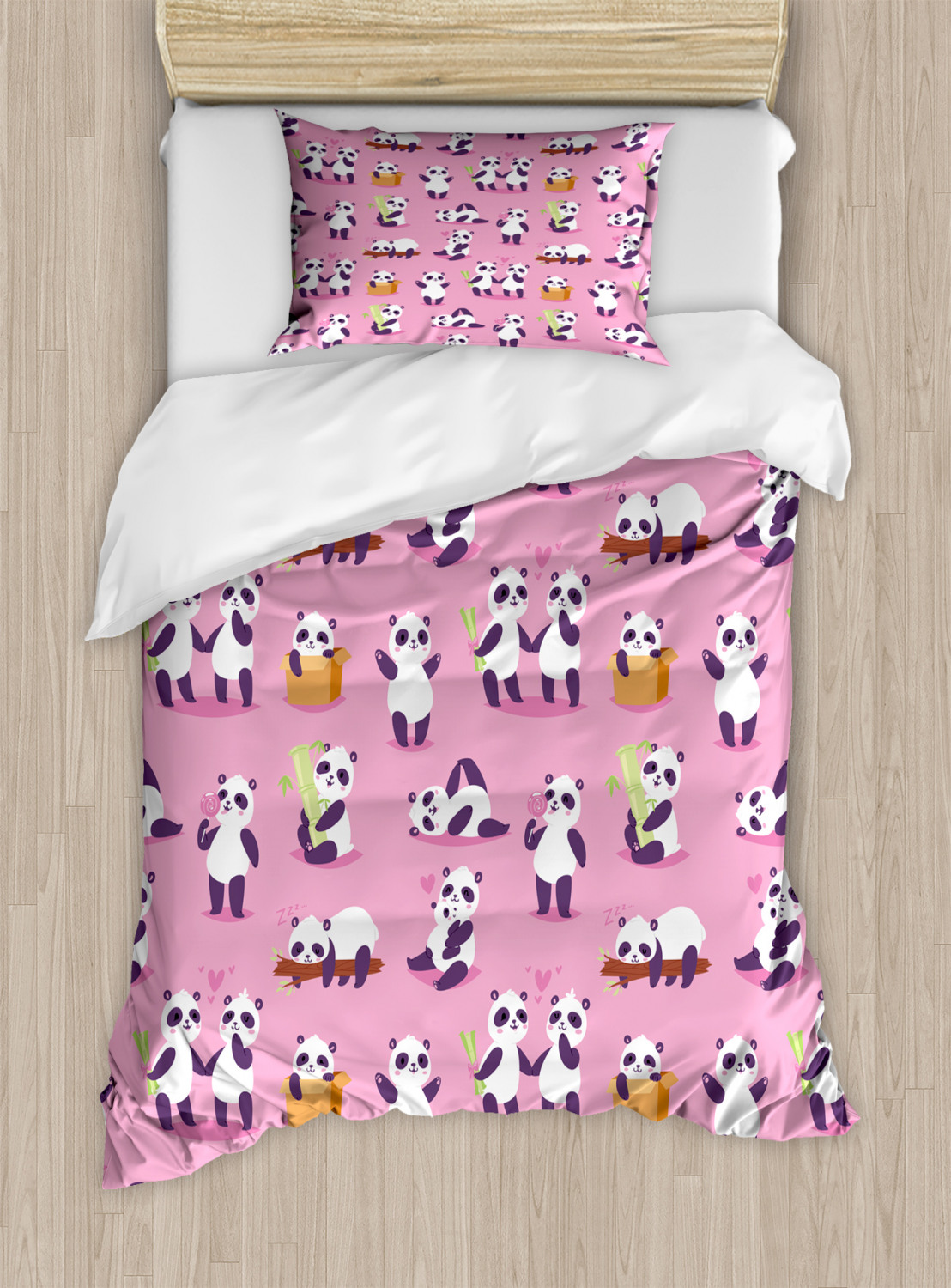 Animal Art Duvet Cover Set, Panda Bears Playing with Bamboo Sleeping