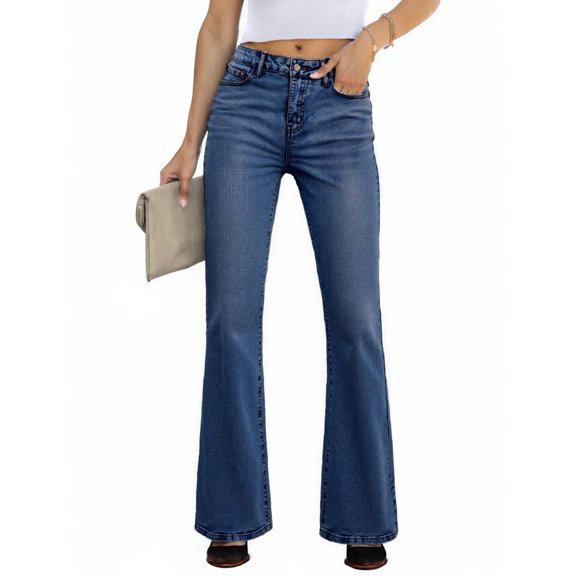 EMMIOL Women's Mid-High Waist Stretchy Flare Jeans Light Wash Bell Bottom Denim Pants Y2K Trendy Vintage Jeans