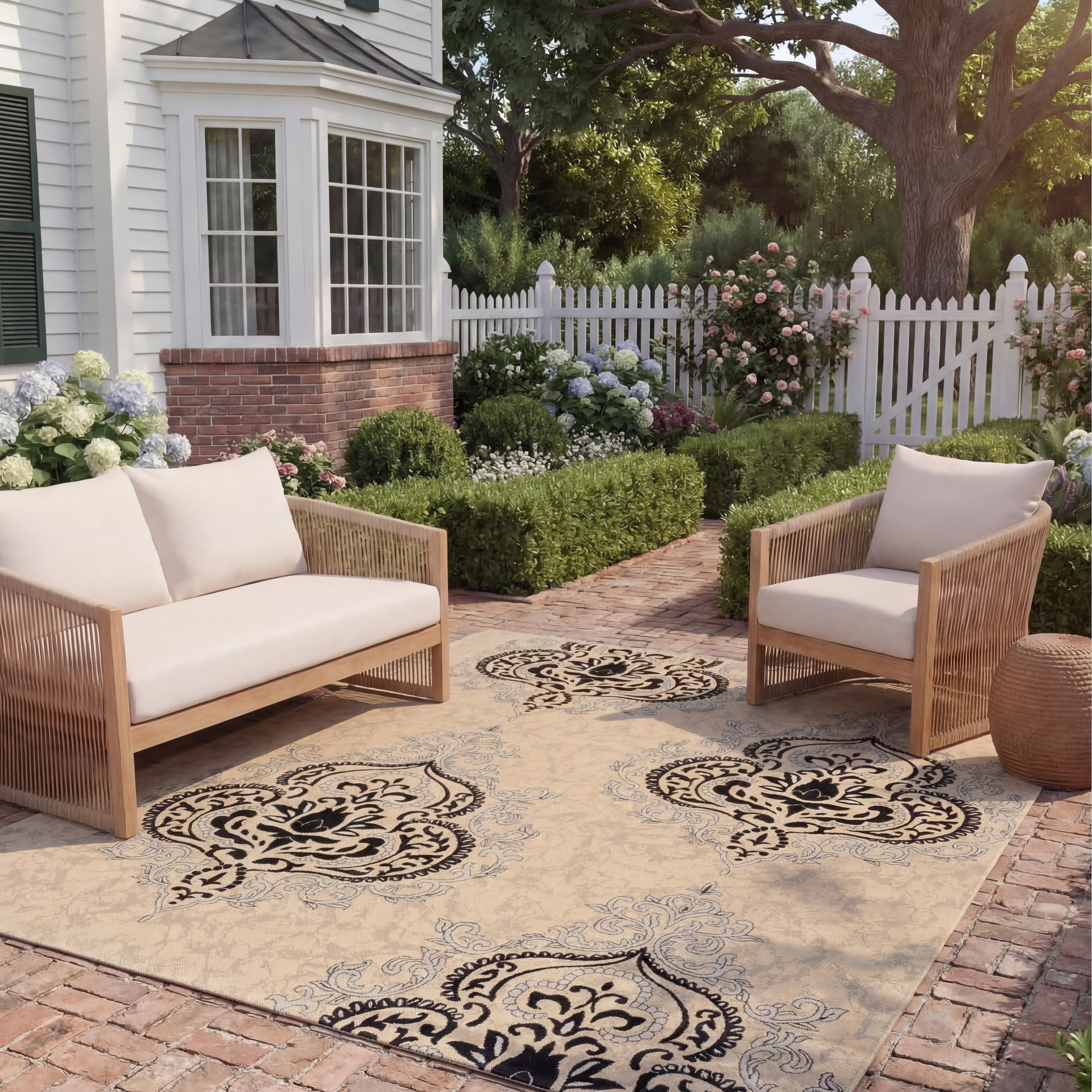 Safavieh Courtyard Penelope Damask Indoor/Outdoor Area Rug, Creme/Black, 7'10" x 7'10" Square