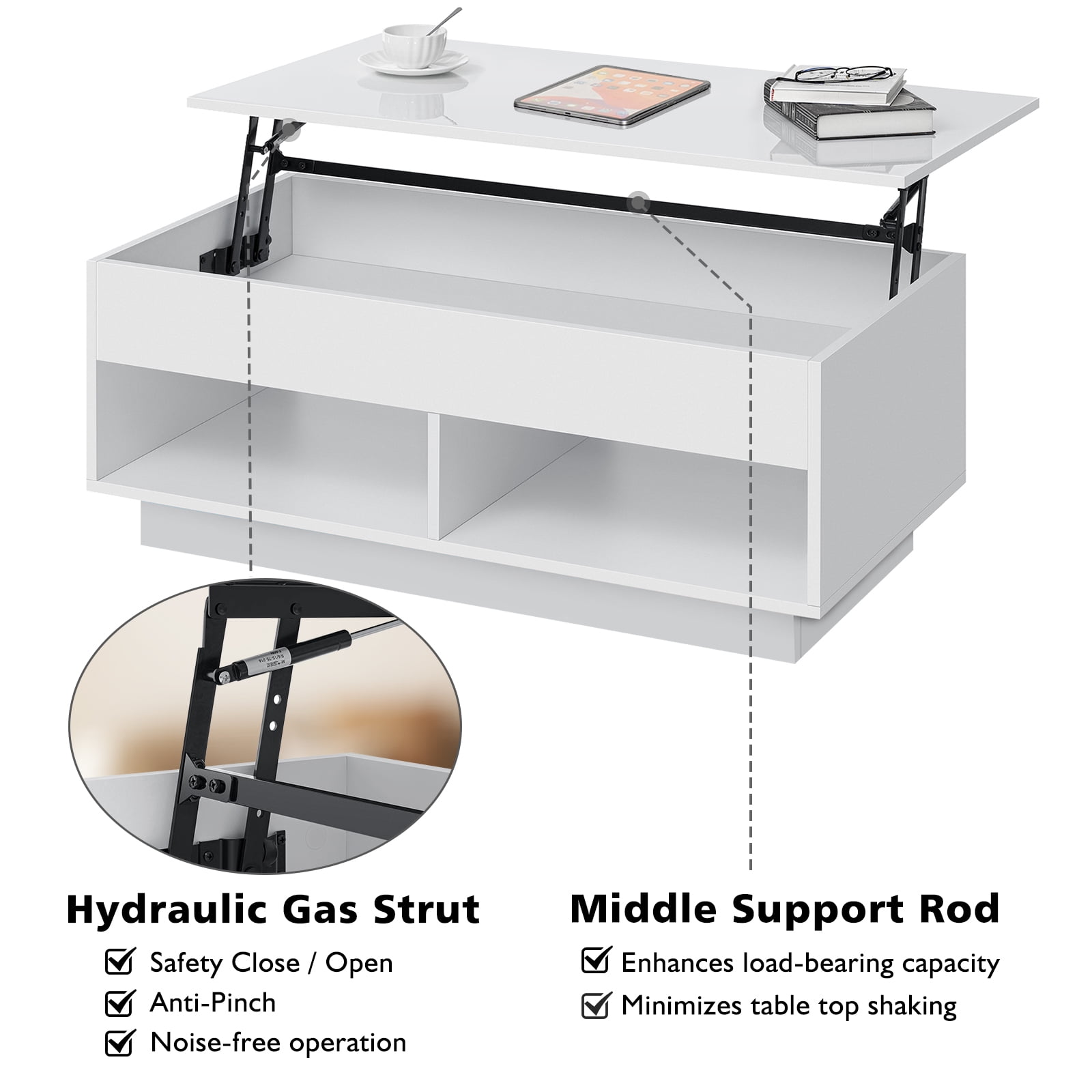 Hommpa LED Lift Top Coffee Table with Hidden Compartment High Gloss White Coffee Tables Center Rising Cocktail Table for Living Room Accent Furniture