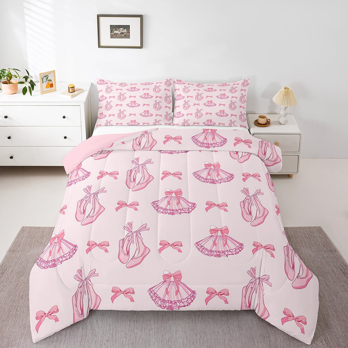 Erosebridal Pink Bowknots Comforter Set Twin Size,Cute Dancing Ballet Bedding Set,Princess Style Quilt Set Women Teens Room Decor,Romantic Duvet Insert,1 Pillowcases