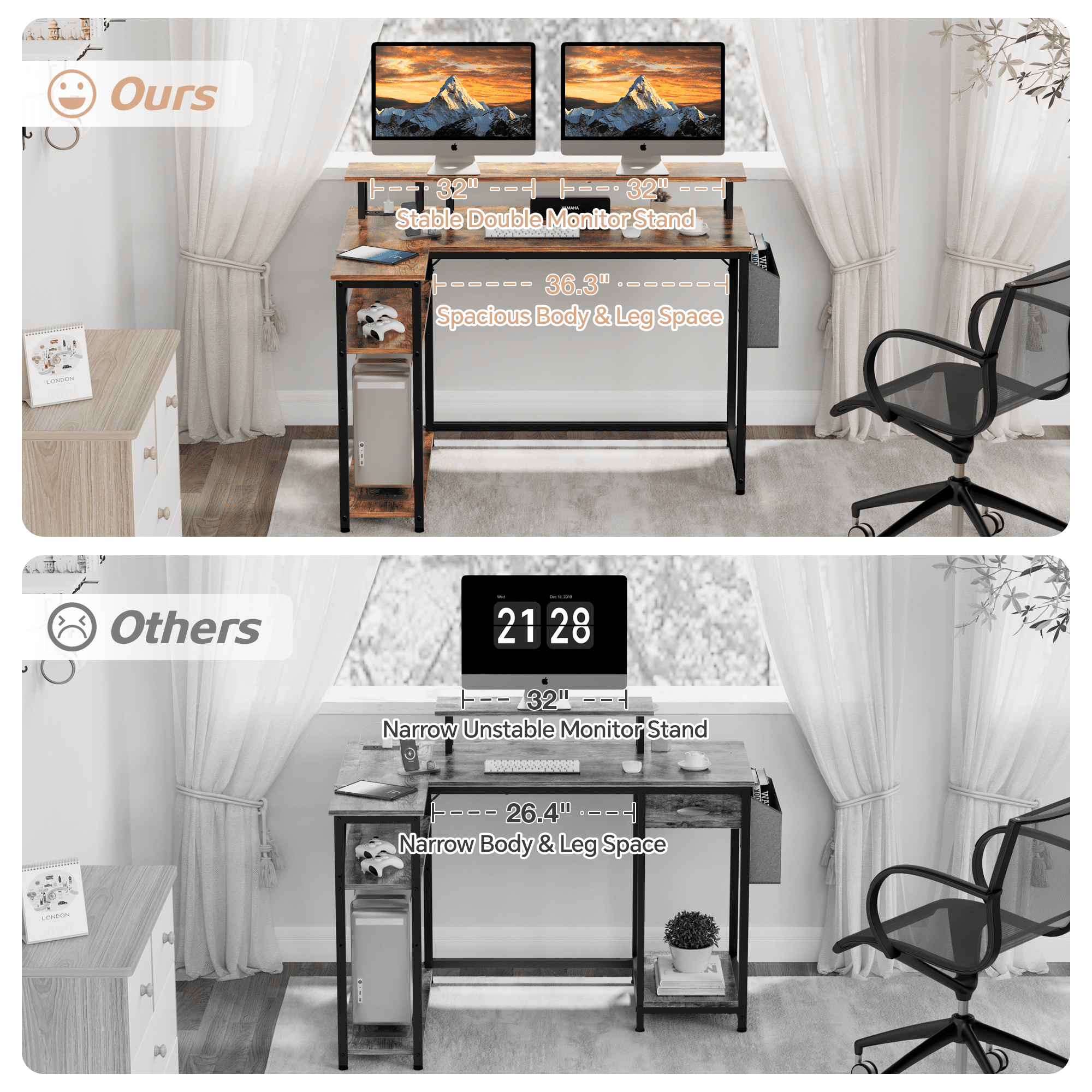 Mr IRONSTONE L-Shaped Desk with Power Outlets & Monitor Stand, 47 inch, Rustic Brown