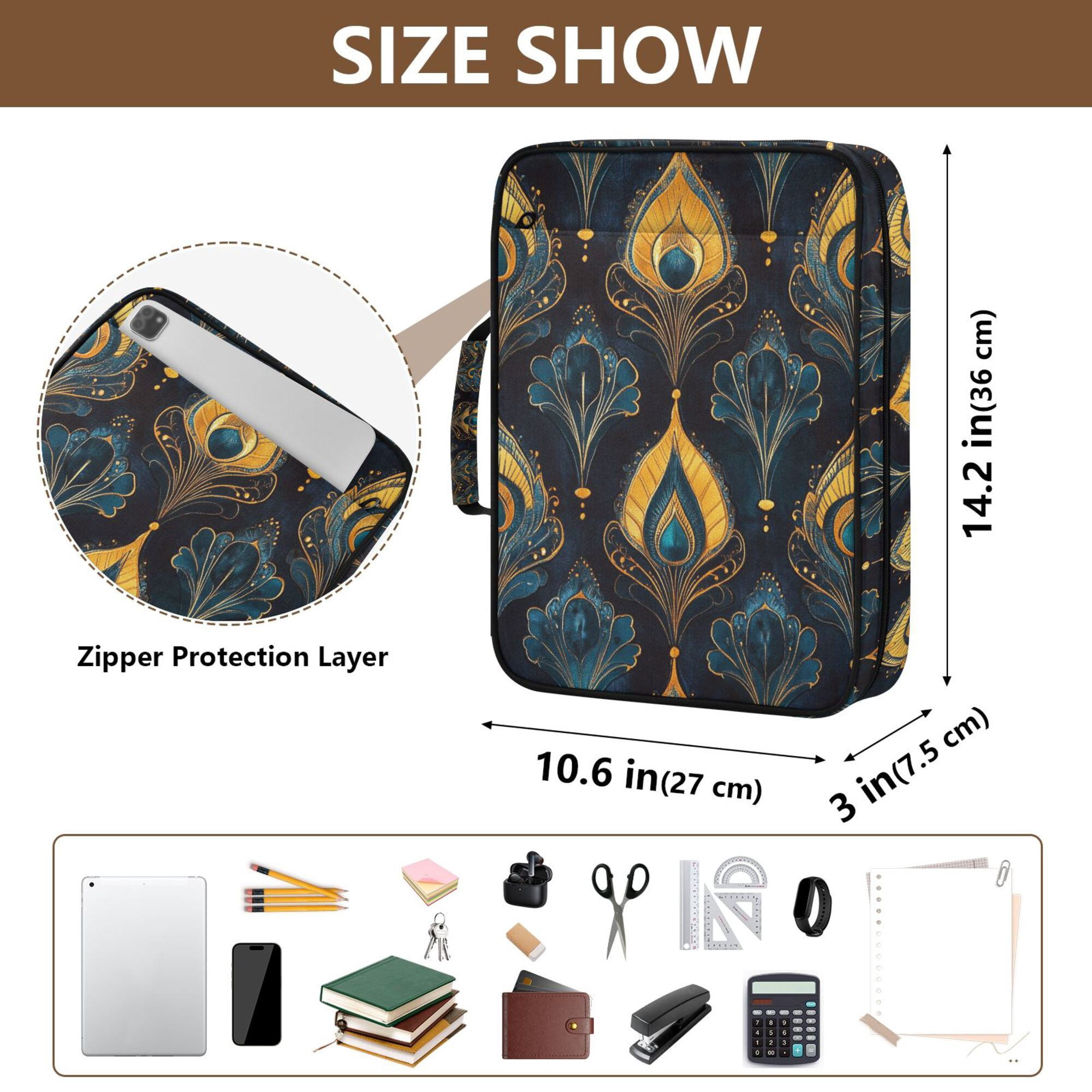 FORMRS Accordion File Folder A4 Size 7-Pocket Expanding Document Organizer Bag with 3 Ring Binder, Navy Blue Art Pattern
