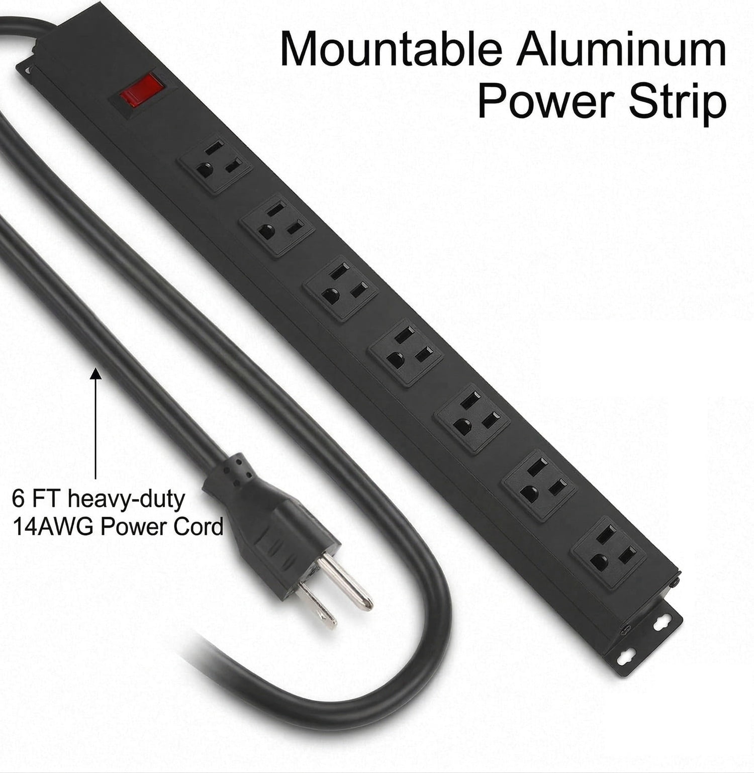 Metal 8 Outlet Mountable Power Strip with Surge Protector, Wall Mount Heavy Duty Wide Spaced Outlets with Switch, 15A 125V 1875W, 6 FT 14AWG Cord, Black