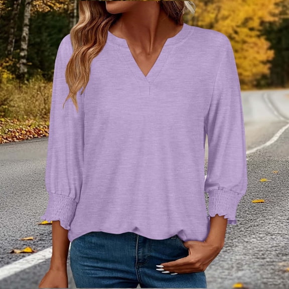 ICHUANYI Womens 3/4 Length Sleeve Blouses Pleated V Neck Button Down Shirts Dressy Flowy Tunic Tops