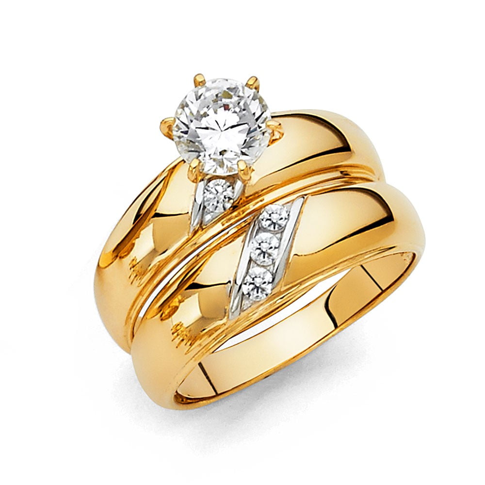 14K Yellow Gold Over His Her Diamond Engagement Bridal Wedding Trio Ring Set 