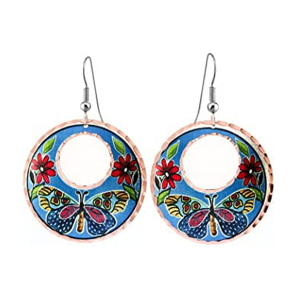 Copper Hoop Earrings featuring designs such as Wolves, Eagle, Bears, Cat, Dolphin, Horse, Inukshuk, Chief, Skull, Butterflies, Dragonflies, Kandinsky, Zuni, Sunburst, and Turtle (SunburstHoop)