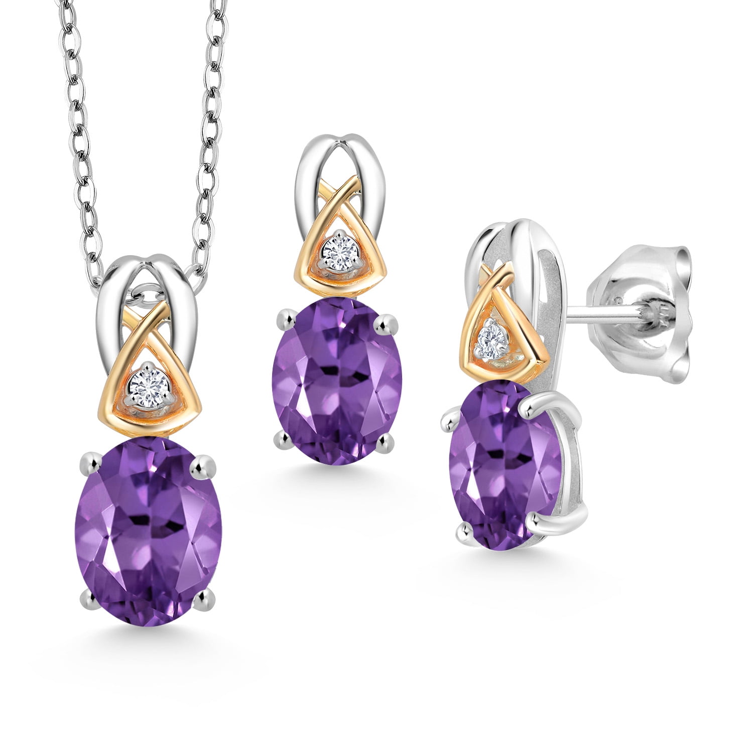 Gem Stone King 2.70 Ct Purple Amethyst 925 Silver and 10K Yellow Gold Pendant and Earrings Jewelry Set