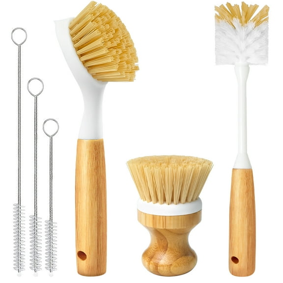 propuri Dish Brush Scouring Pad Set with Bottle Brush, Dish Brush, Palm Scrub Brush and Straw Brush, Dish Scrubber Long Handle for Dish Bottle Cup Skillet , 6 Pack  Yellow