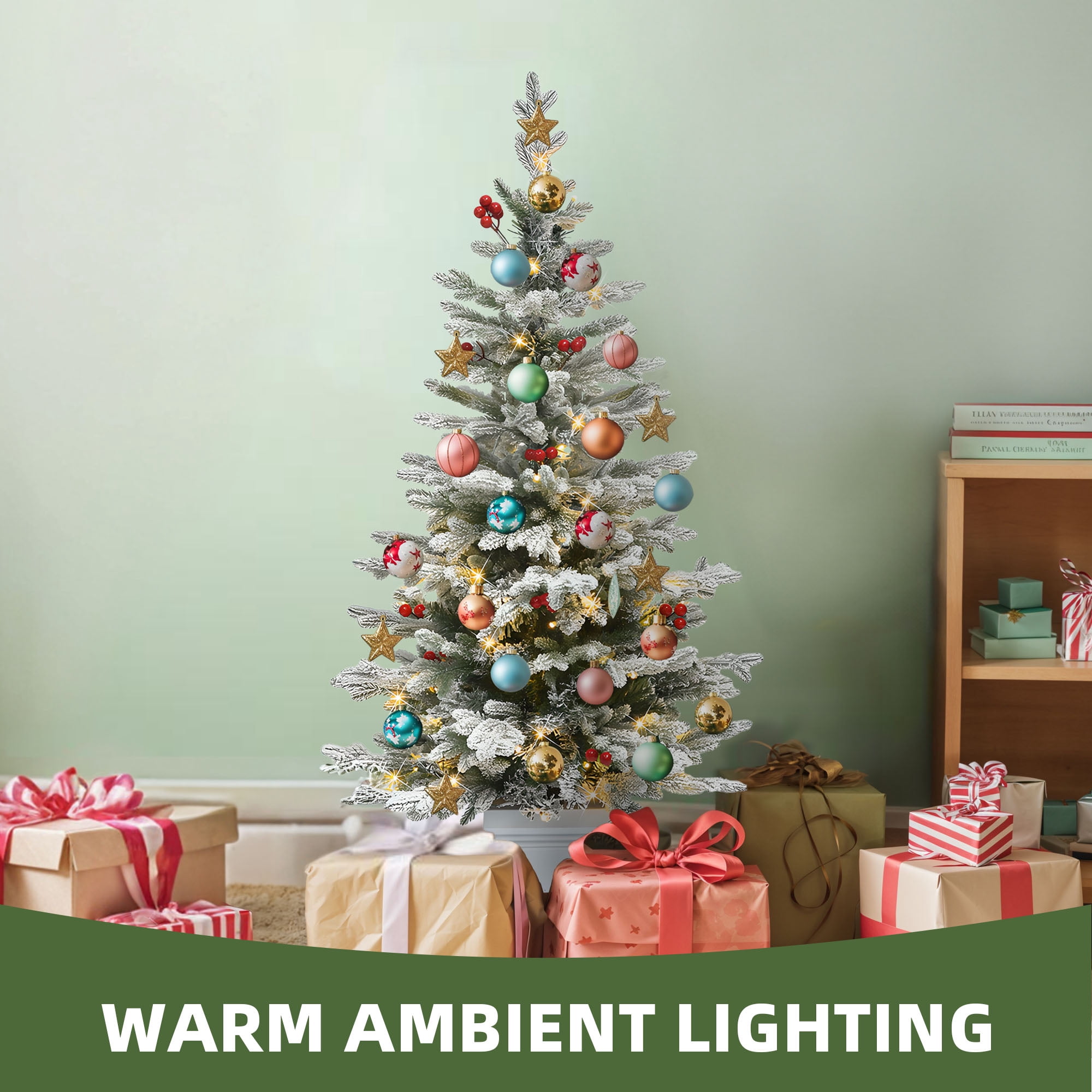 Uforic 4.5ft Potted Pre-Lit Flocked Pencil Christmas Tree with 358 PE & PVC Tips & 100 Lights, White Flocked
